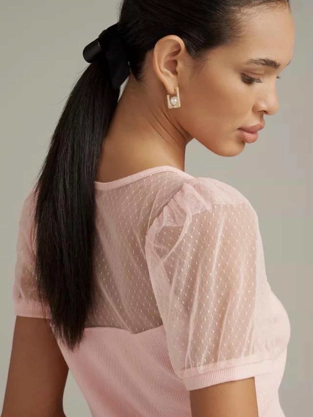 Maeve Sheer-Yoke Sweetheart Top in Light Carnation Pink